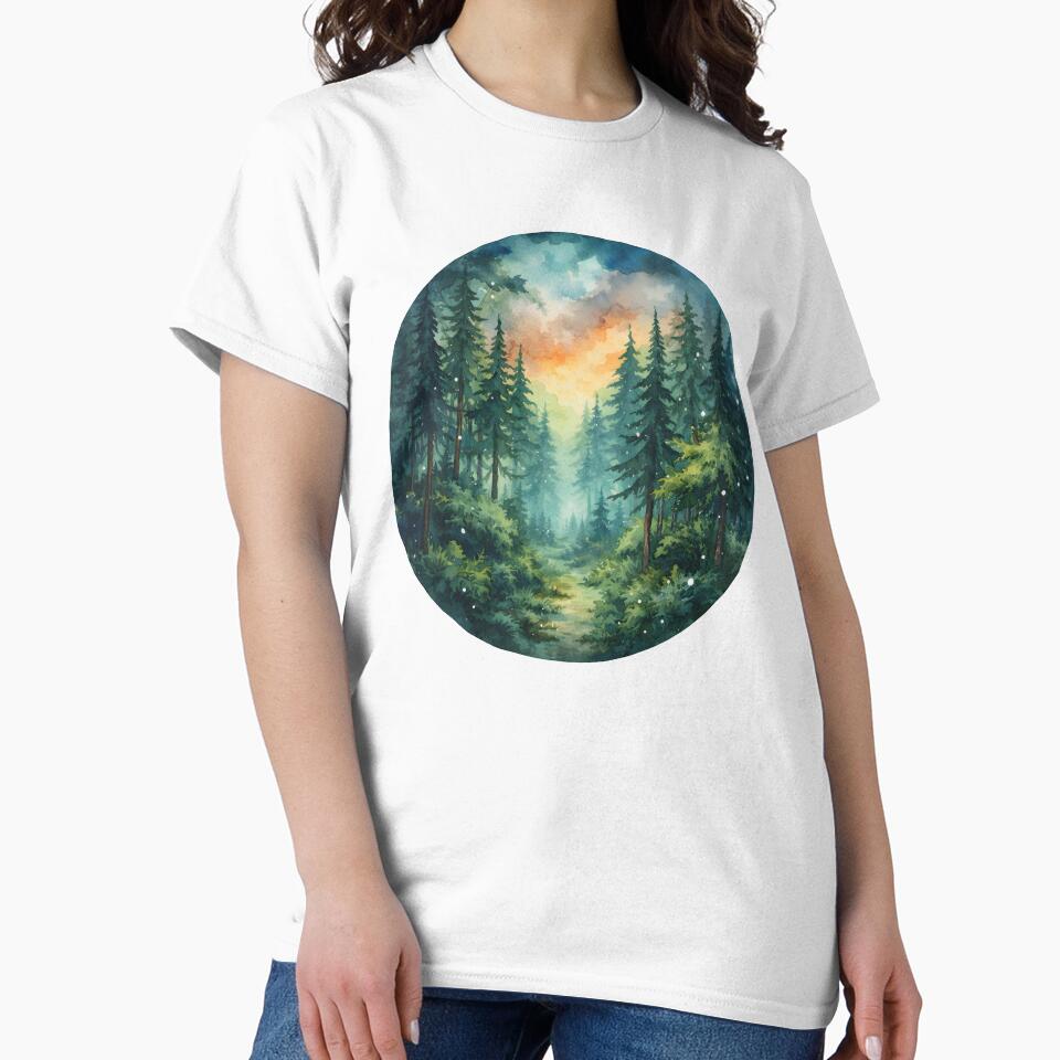 Enchanted Forest Path at Sunset – Watercolor Pine Landscape Art by Senkov