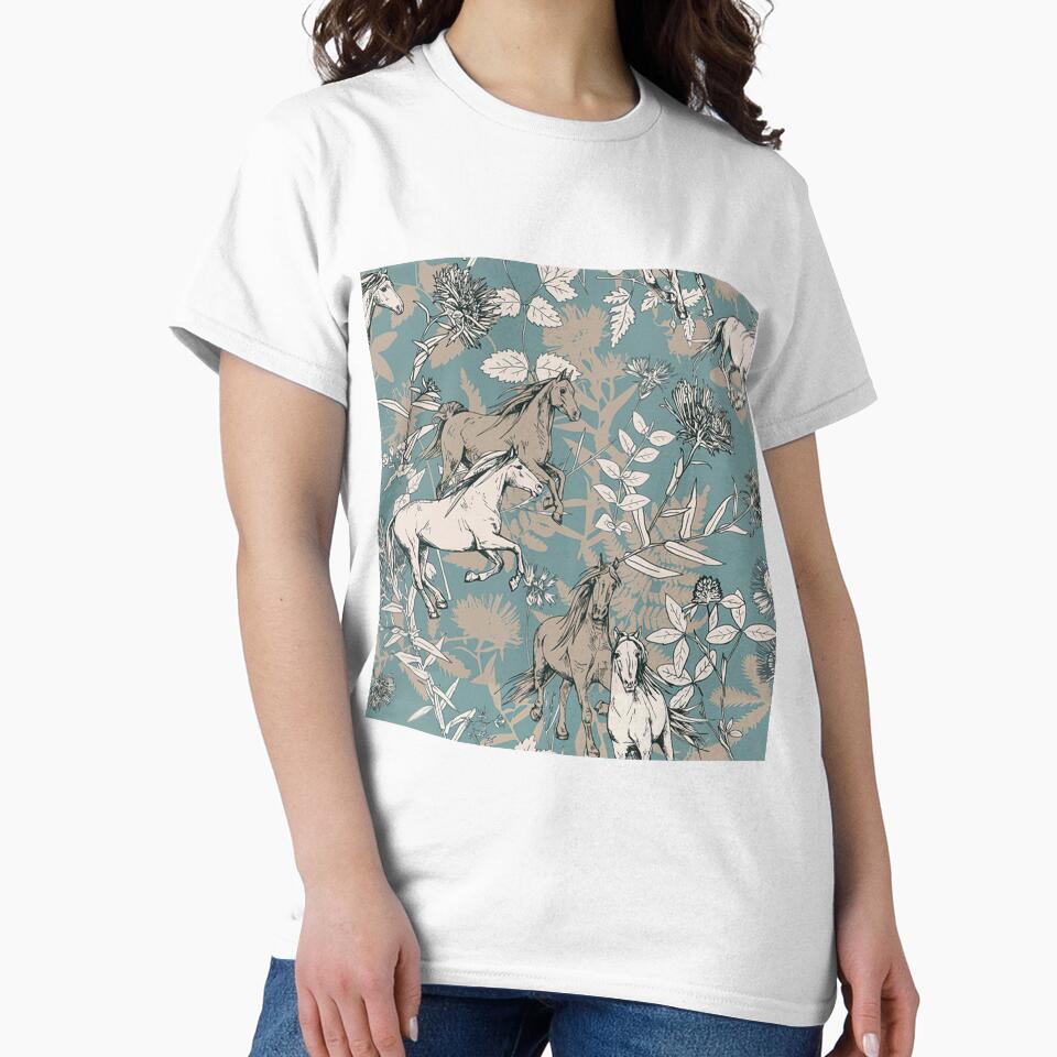 Floral Horse Sketch On Blue Pattern by CheekyChicChic