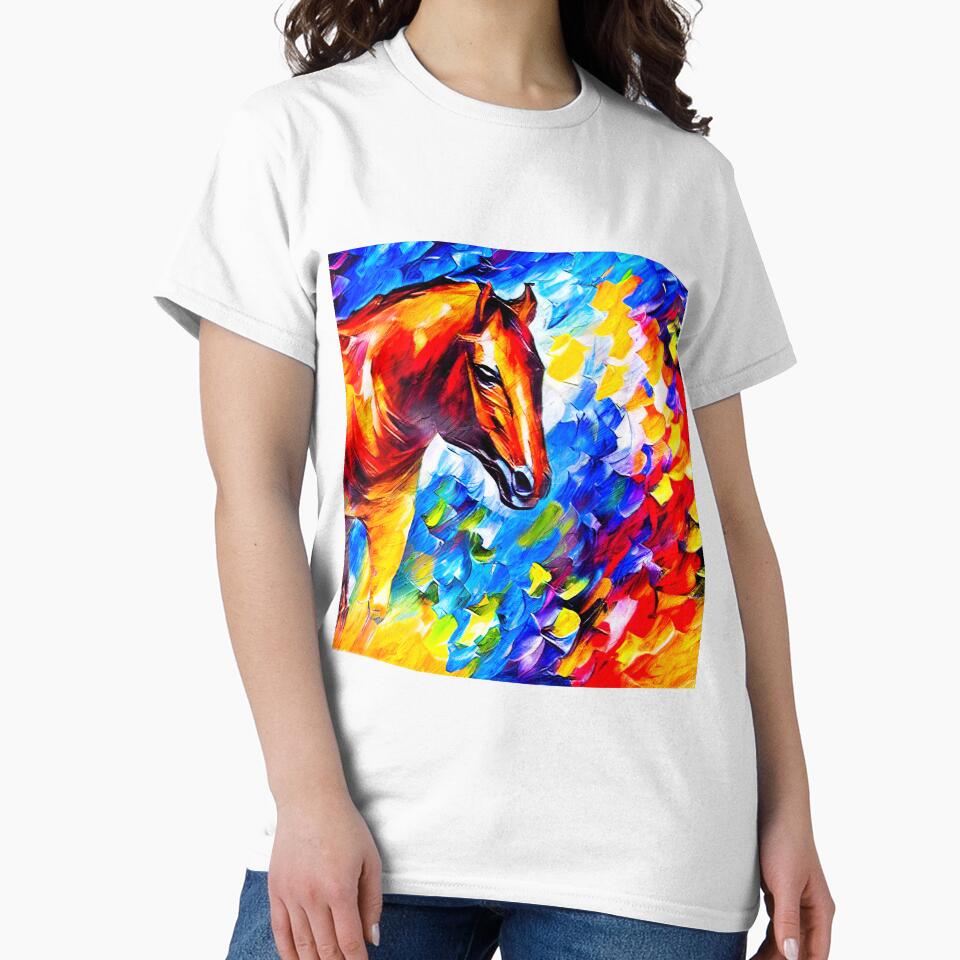 Brown horse portrait on a colorful blue, red and yellow background by NickoPrints