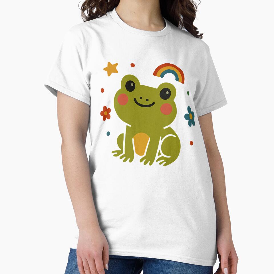 Kawaii Rainbow Frog Smiling Under the Stars – Cute Happy Frog Aesthetic Shirt Design by zeecharmtee