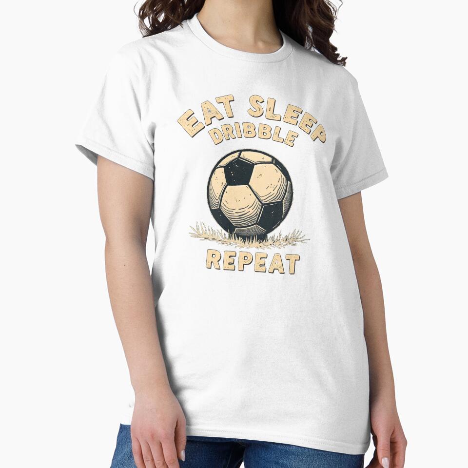 Funny Soccer Eat Sleep Dribble Repeat Text Design by MimsTees