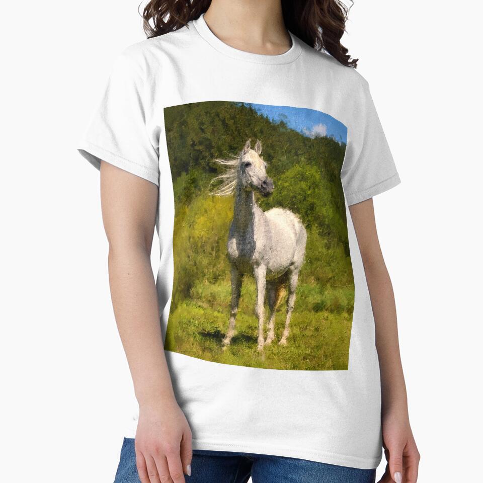 White Arabian horse sitting in front of a mountain forest – digital painting by NickoPrints