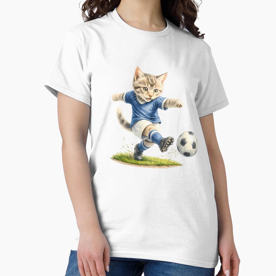 Blue Soccer Tabby Cat T-Shirt – Football Kick Illustration (Crisp Grass Edge) by XingXingJia