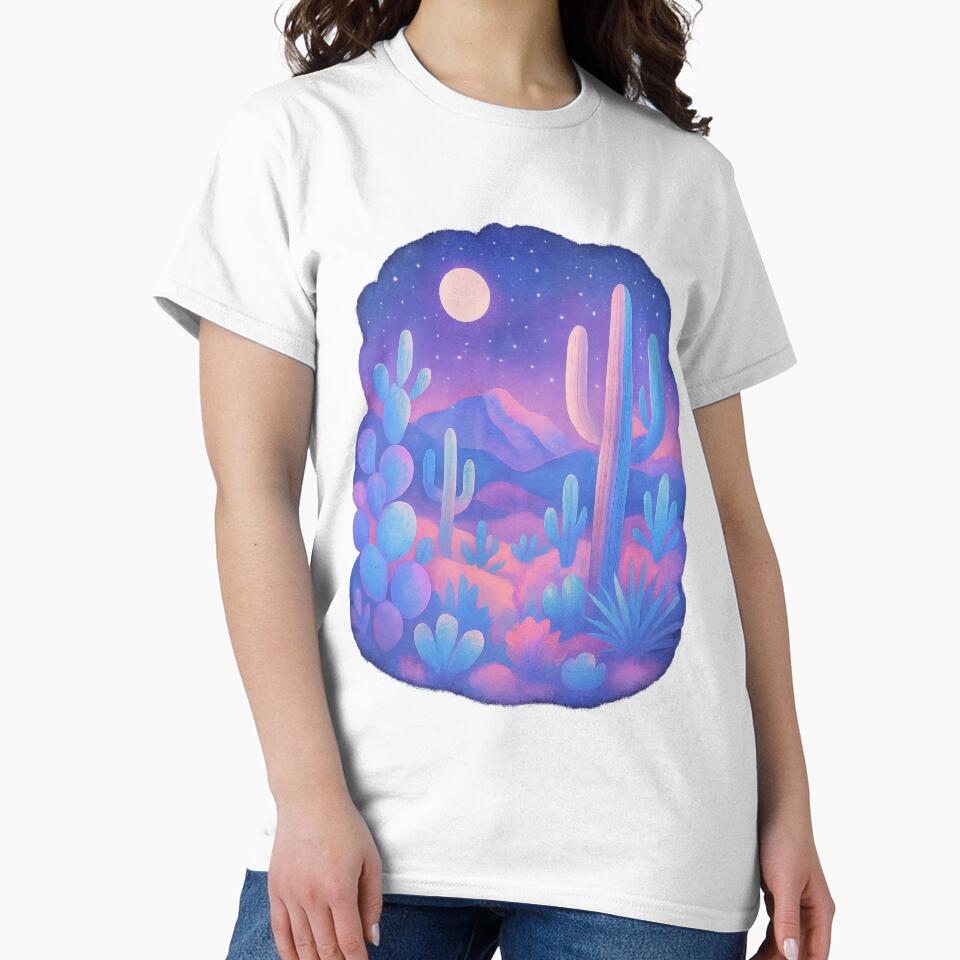 Dreamy Desert Night - Colorful Cactus Landscape Under Starry Sky by inkoutninja