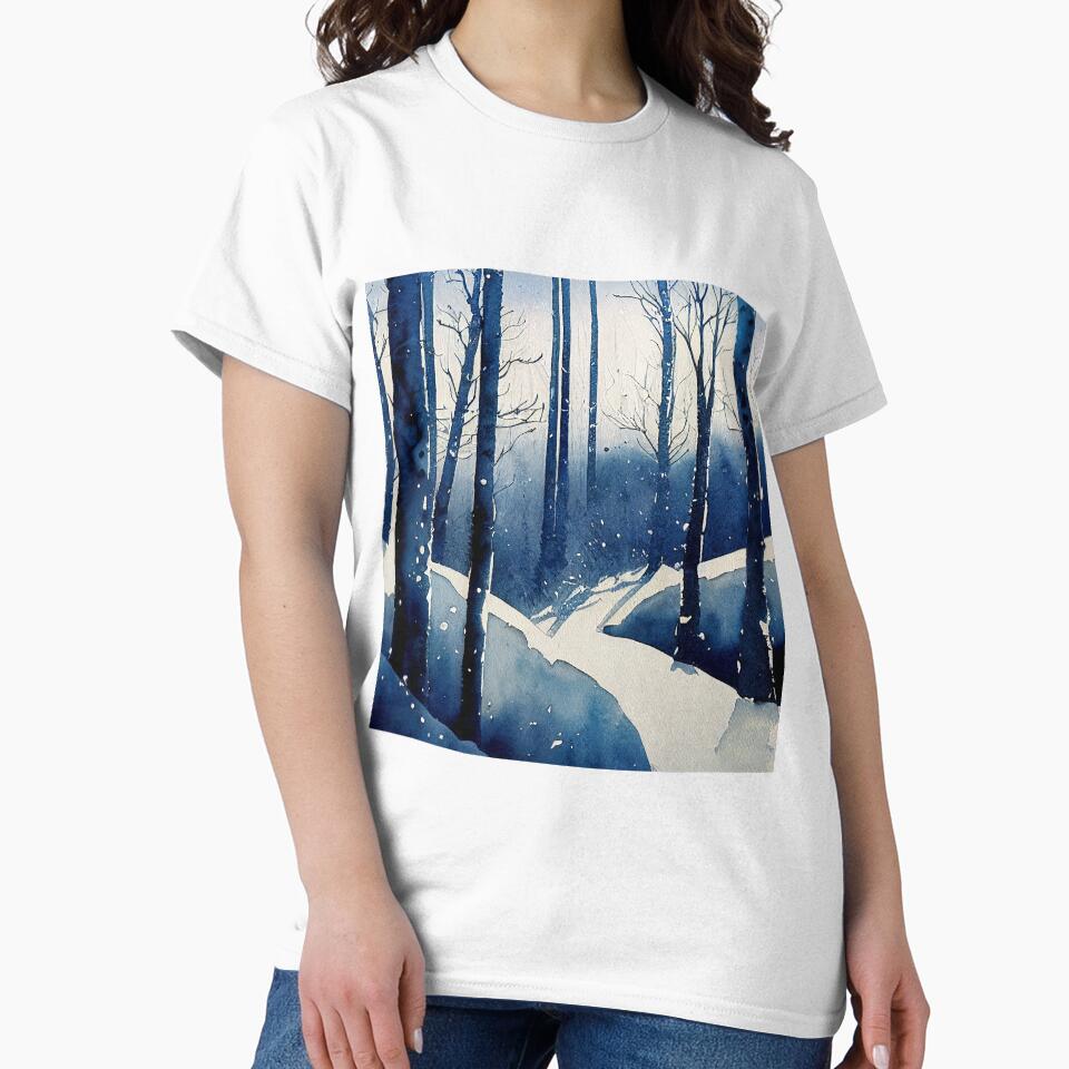 Deep blue forest winter in loose fluid watercolor for winter festive season by aricutcia