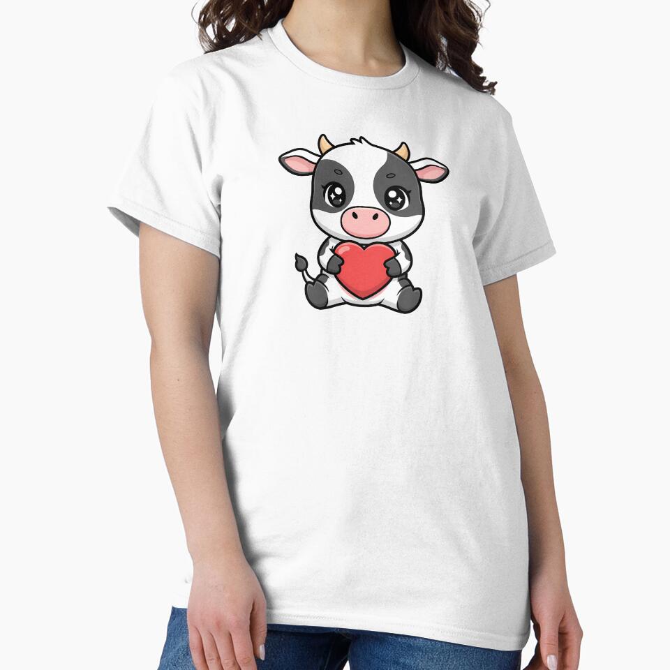 Cute Kawaii Cow Holding Heart Cartoon Illustration by Cute Stickers Machine
