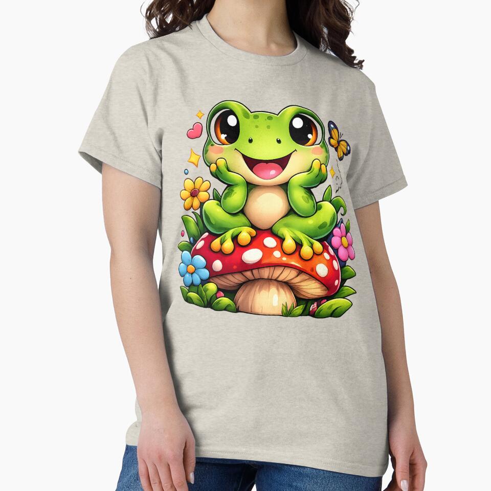 Cute Kawaii Frog Sitting on Mushroom – Happy Frog Cartoon Sticker & T-Shirt by irfanshikh