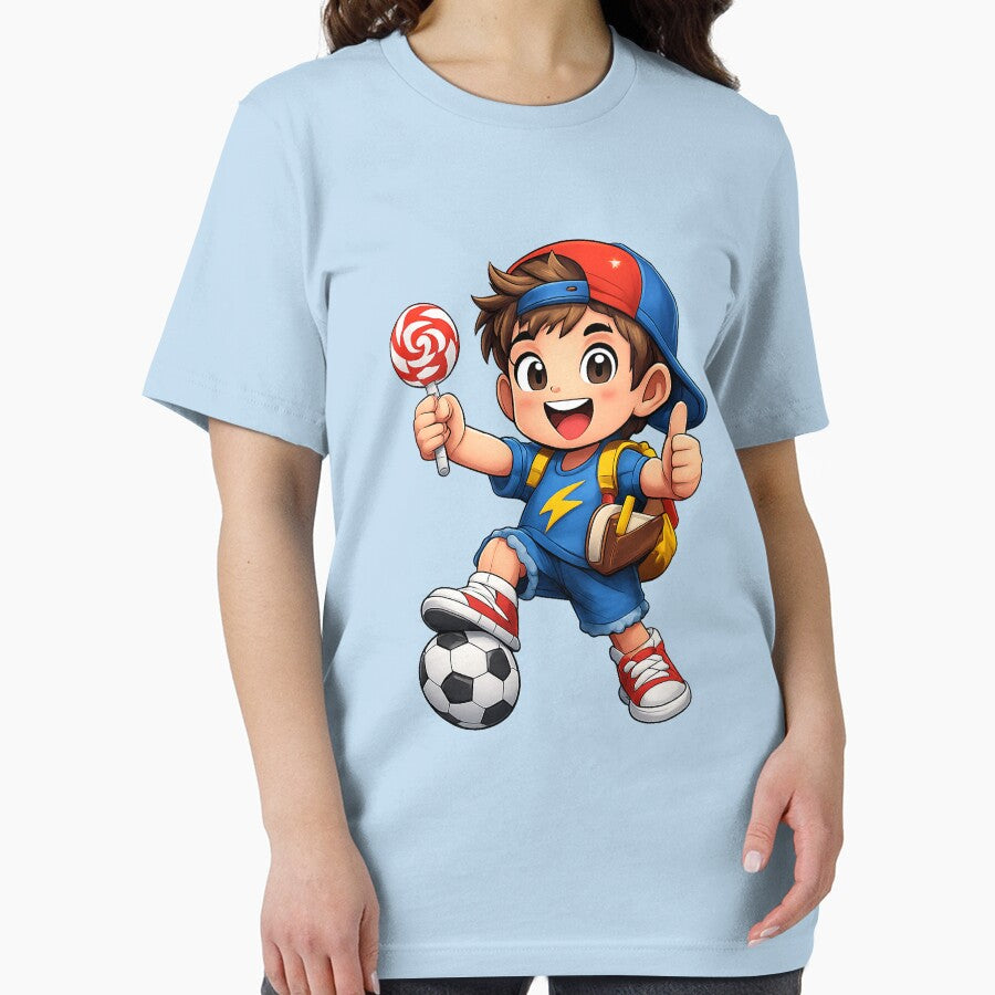 Excited boy with soccer and lollipop by JOSHUAWAYLAND
