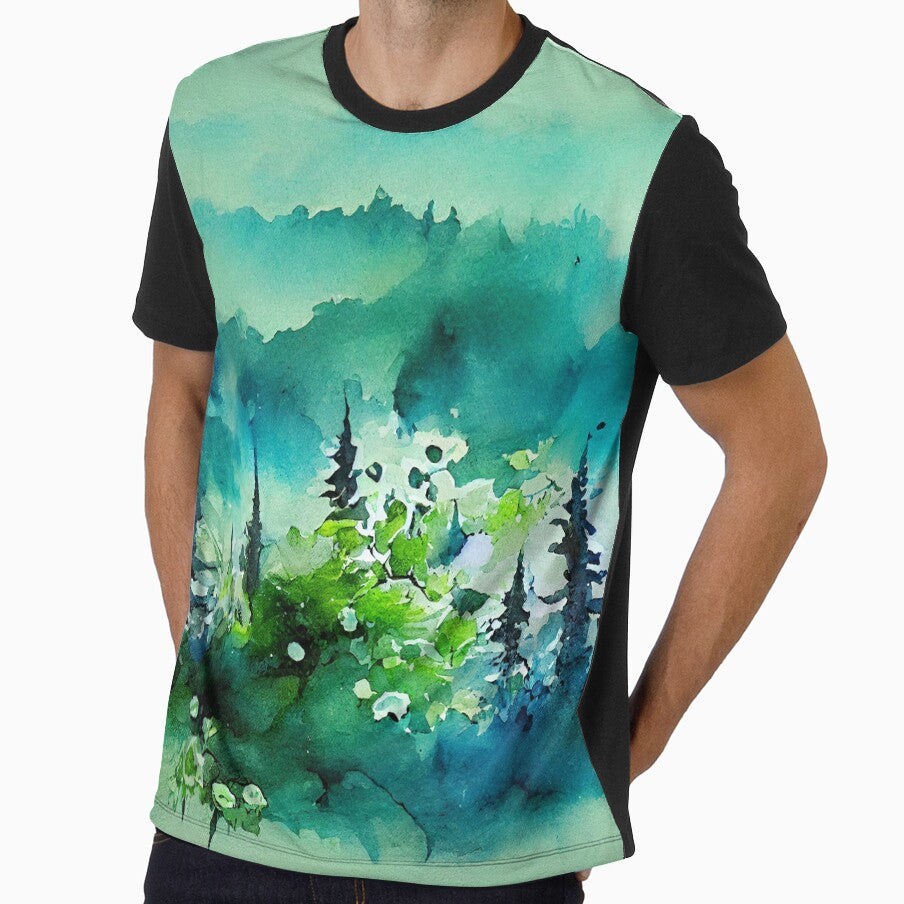 Greeny blue moody forest in fog in loose watercolor style with small cute floral elements by aricutcia