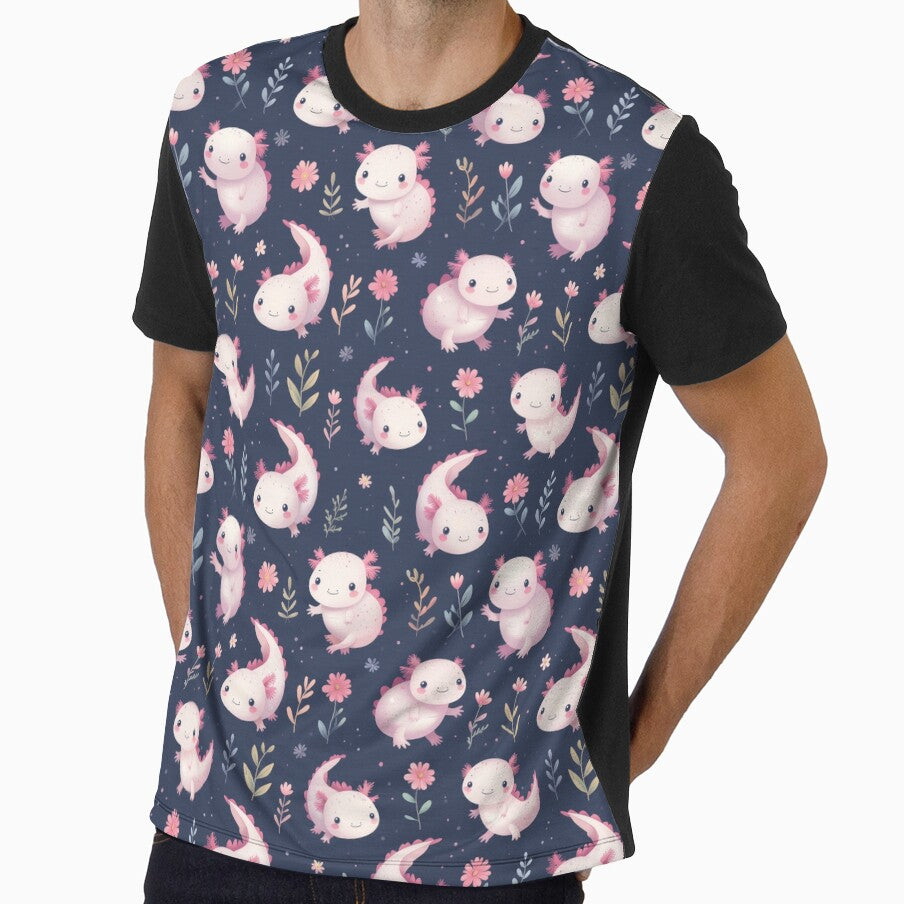 Kawaii Axolotl Floral Seamless Pattern – Midnight Navy Pastels by CreativeGarage