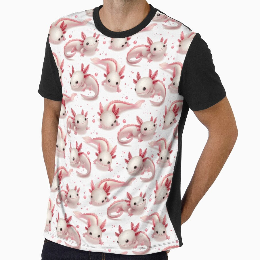 Kawaii Axolotl Bubble Seamless Pattern – Cute Pink Glossy on White by CreativeGarage