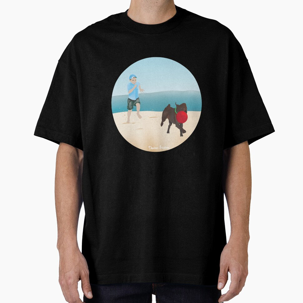 Boy and Dog Playing Ball at the Beach by Devine-Studios