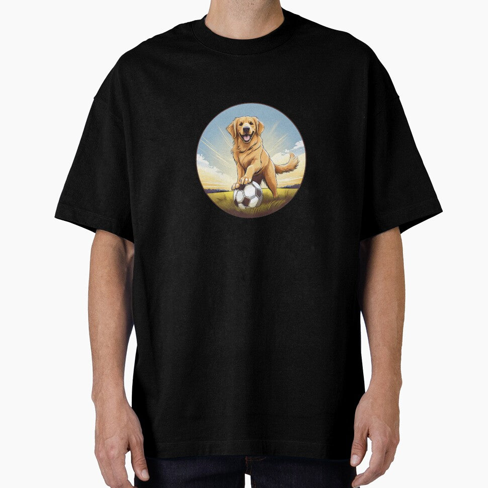 happy golden retriever dog with paws on soccer ball by planetgolden