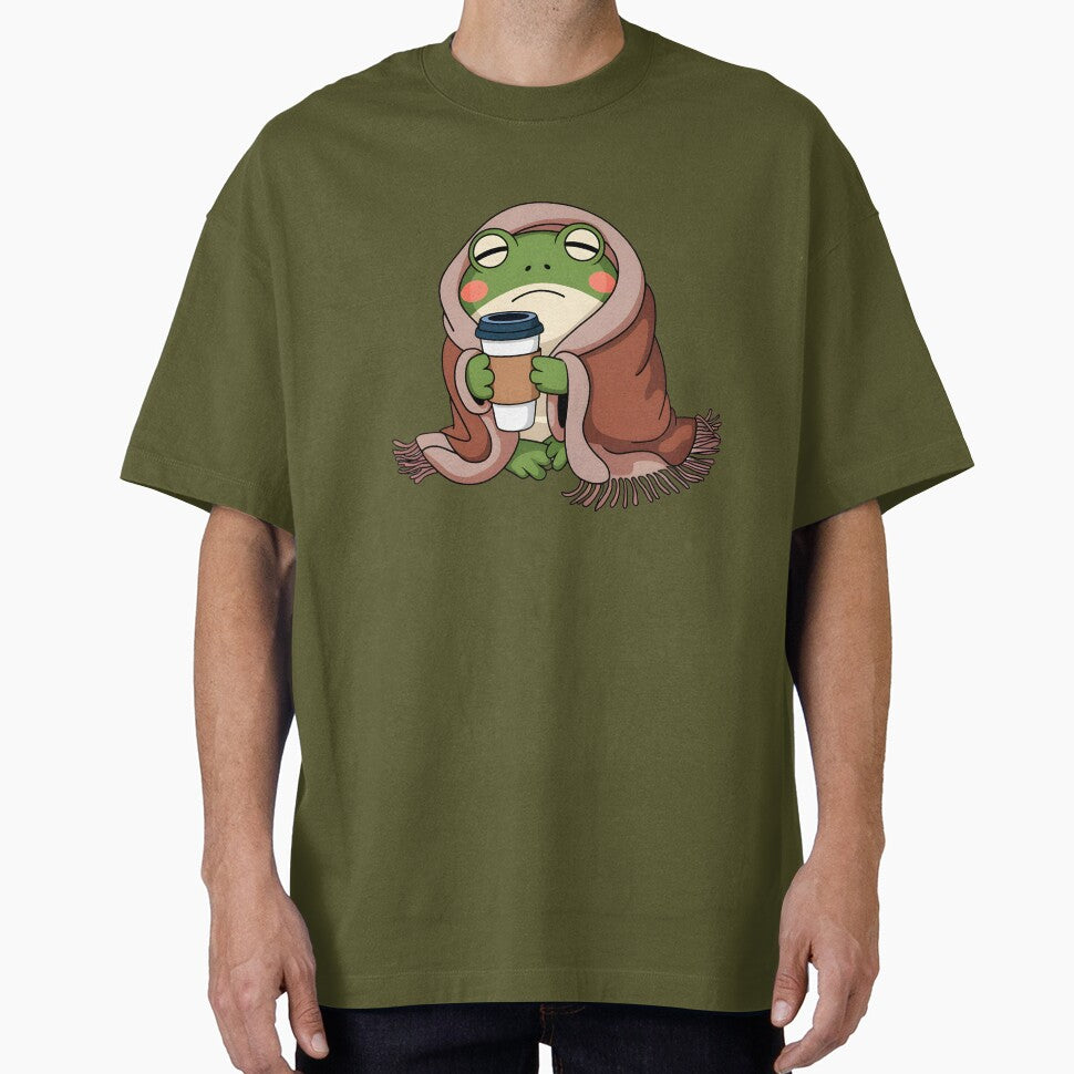 Sleepy Cozy Frog Drinking Coffee Cute Frog Aesthetic by DNDU_Design