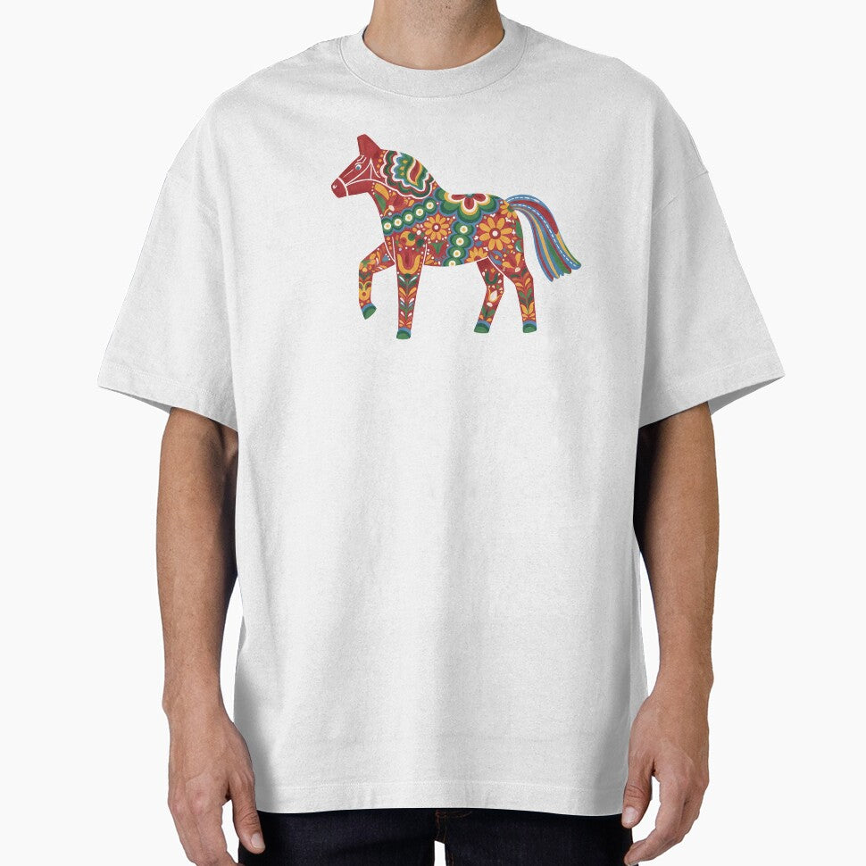 Red Dala Horse with Rainbow Tail – Scandinavian Folk Art Fusion by heidiannemorris © by FOLK ART FUSION by heidiannemorris