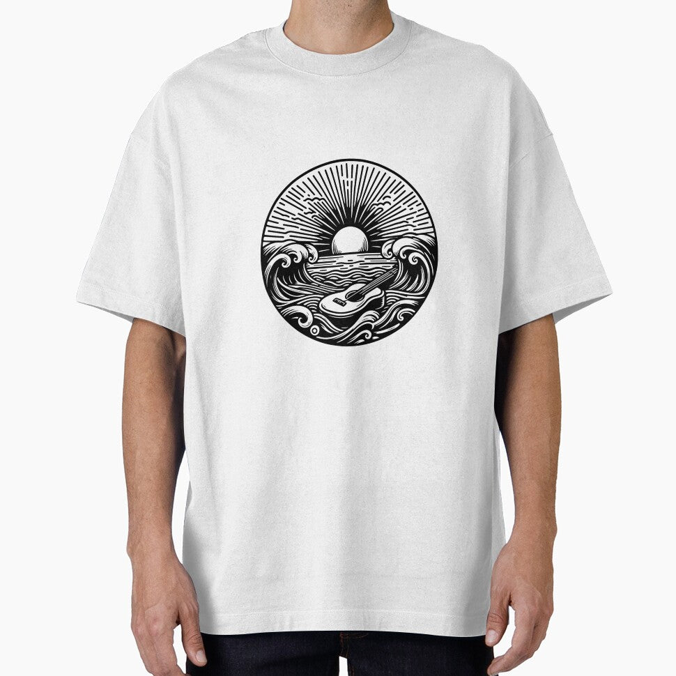 Sunset Ocean Guitar Woodcut Circle by KrisGraphic45