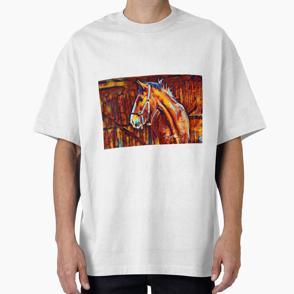 Shire horse in stable – blue orange and brown digital painting by NickoPrints