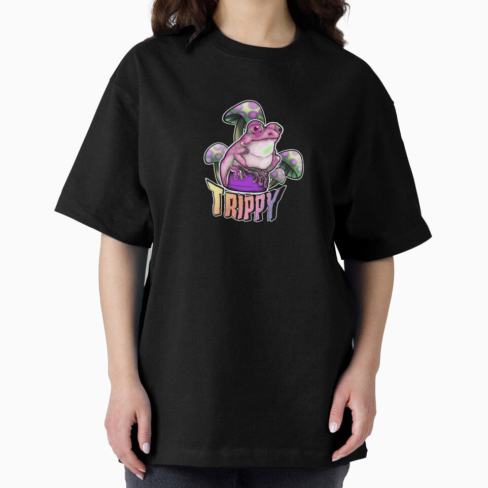 Cute, pink frog on a bottle cap with trippy mushrooms by iduzarts