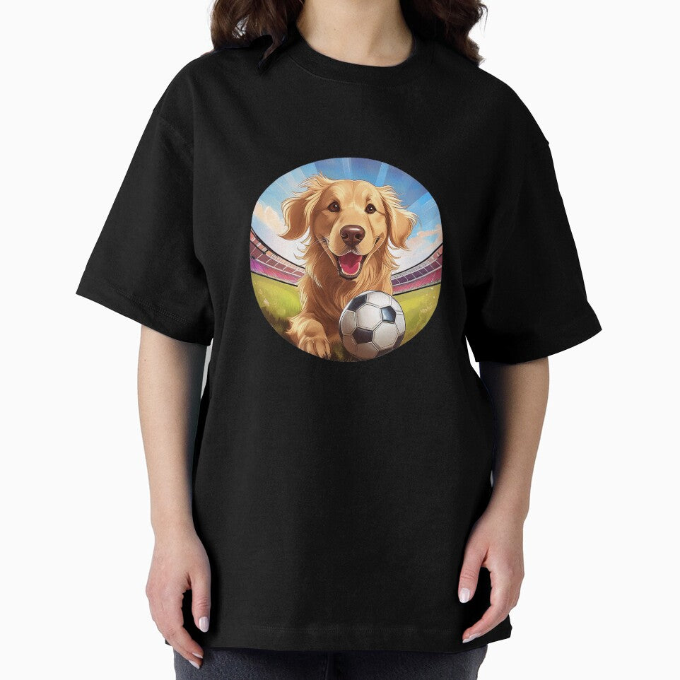 circular happy golden retriever puppy with soccer football on field by planetgolden