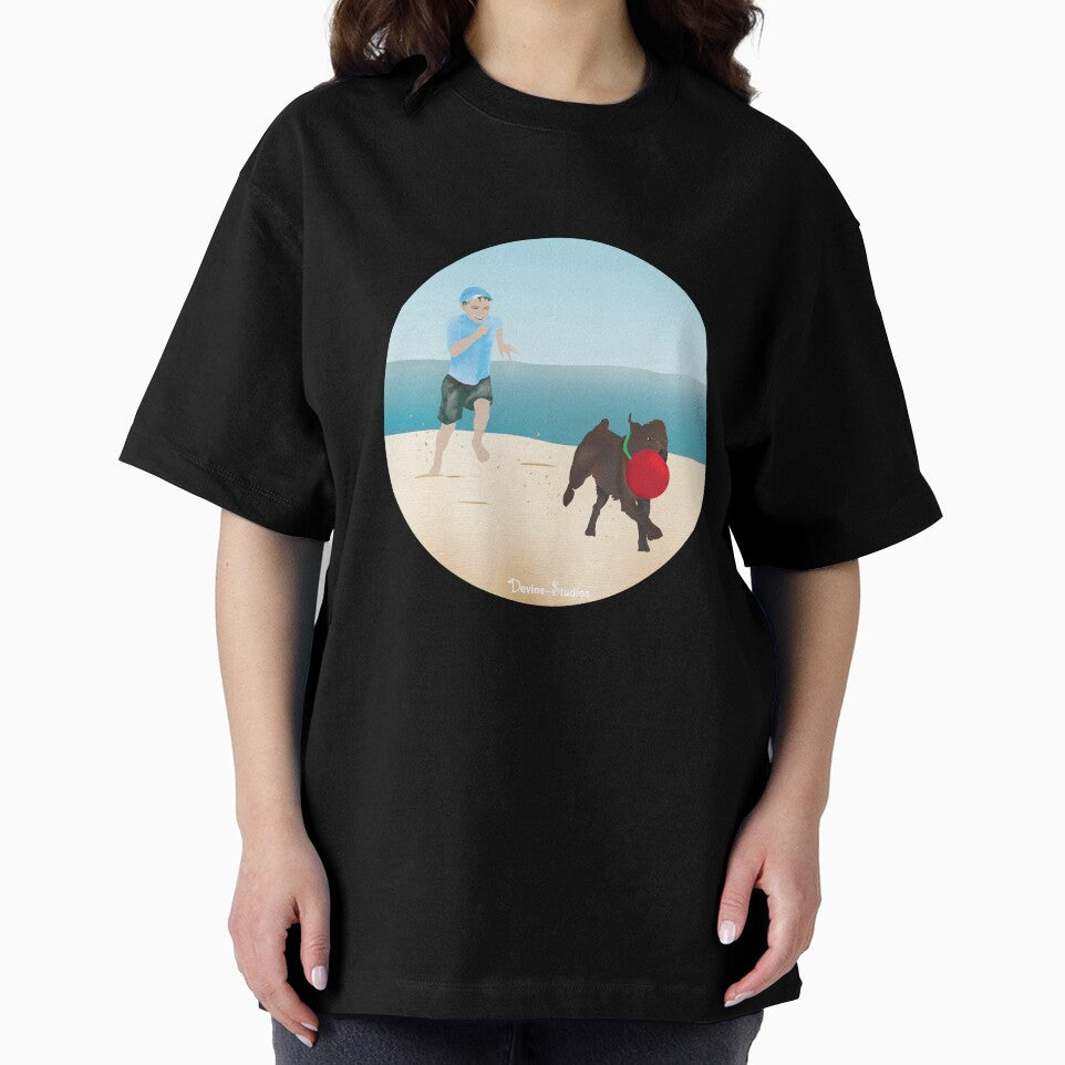Boy and Dog Playing Ball at the Beach by Devine-Studios