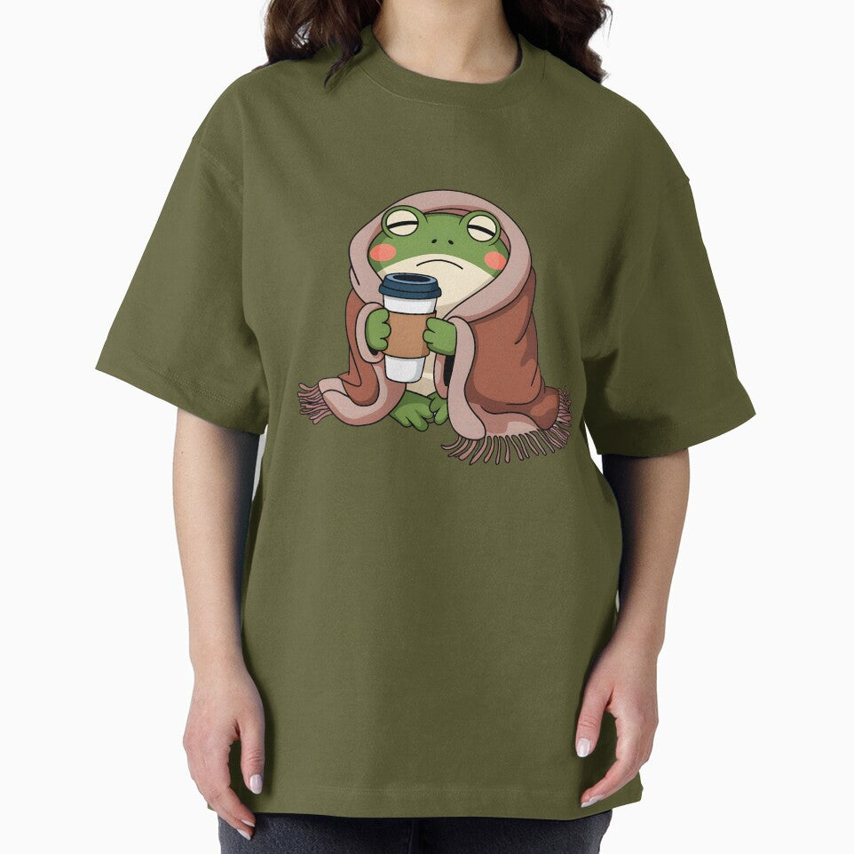 Sleepy Cozy Frog Drinking Coffee Cute Frog Aesthetic by DNDU_Design