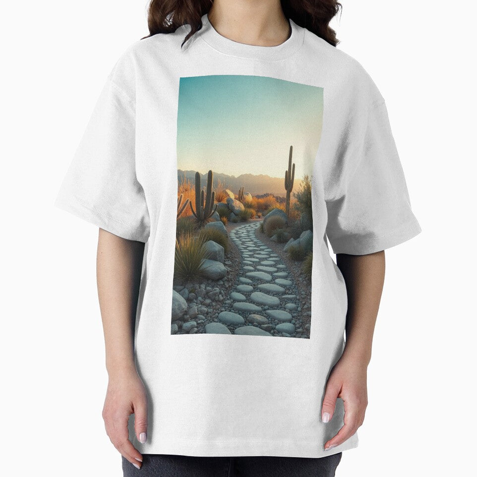 Sunset Desert Pathway with Cacti and Mountains by Jade Ado