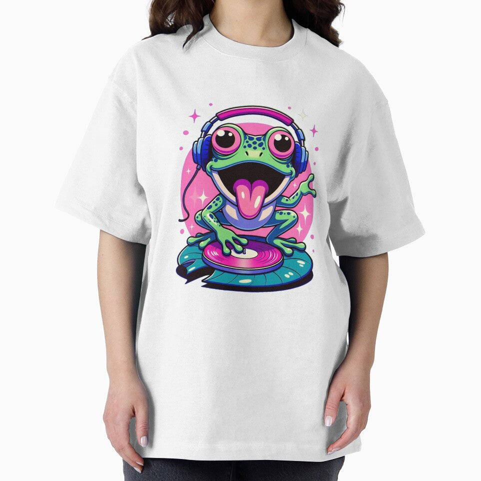 Cute Frog DJ with Headphones Spinning Records Retro Vaporwave Style by PixelQ