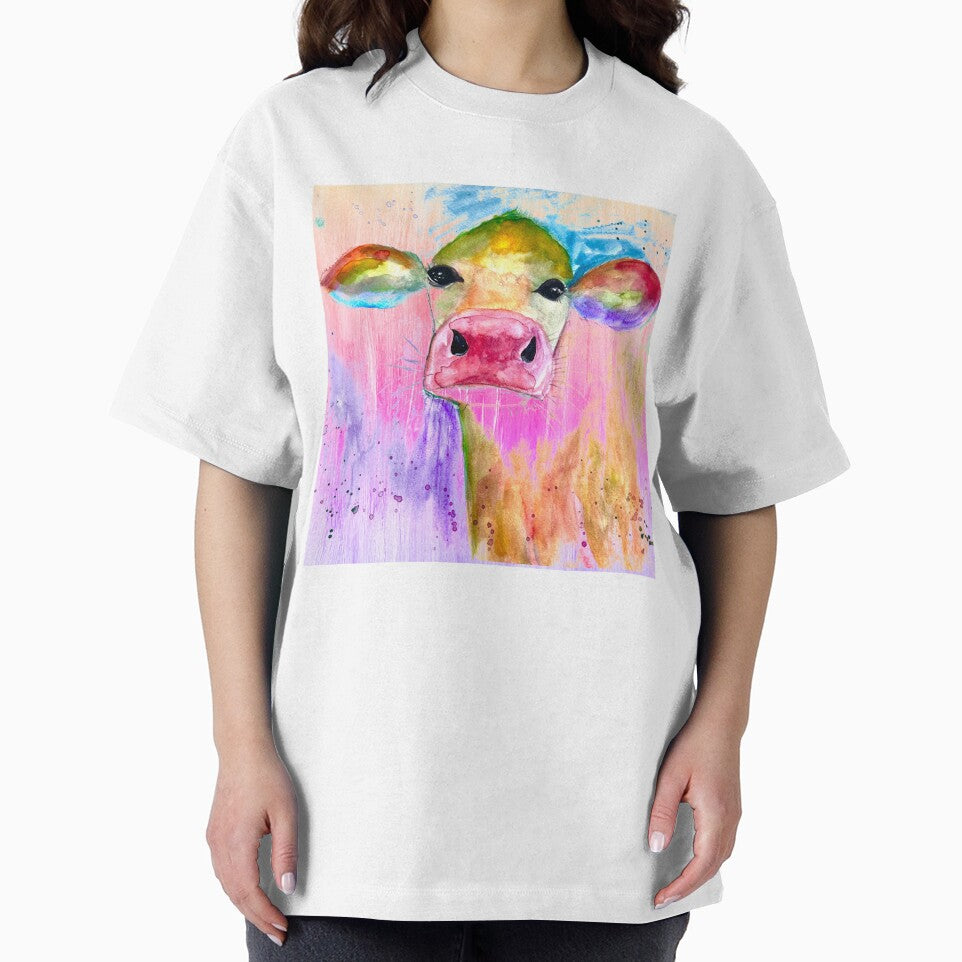 Rainbow Cow Farm Animal Watercolor painting pink by Monika Howarth