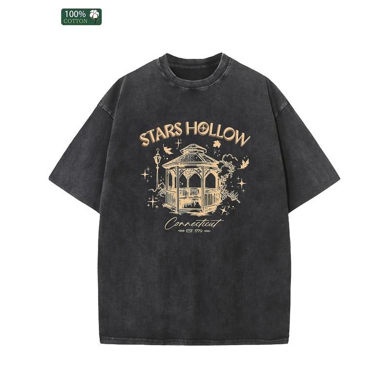 stars hollow correct Vintage Washed High Quality Cotton Patterned T-Shirt T-Shirt Old Summer Clothing Drop Shoulder...