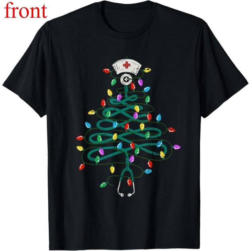 stethoscope christmas tree light nurse christmas surgical gown top t-shirt Round Neck Black Hoodie, Sweatshirt
