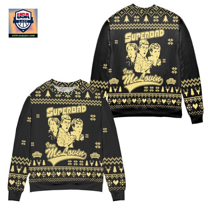 Superbad I Am McLovin Pine Tree Snowflake Pattern Ugly Christmas Sweater Black