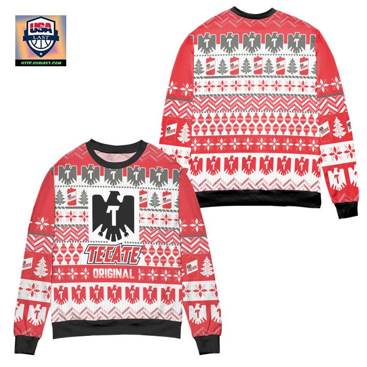 Tecate Original Pine Tree Pattern Ugly Christmas Sweater Red