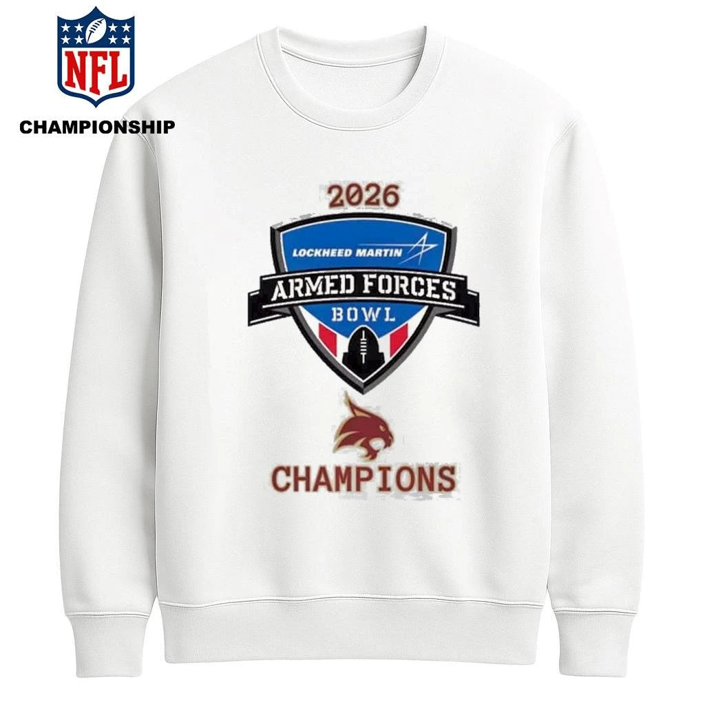 Texas State Bobcats 2026 Lockheed Martin Armed Forces Bowl Champions Logo Shirt