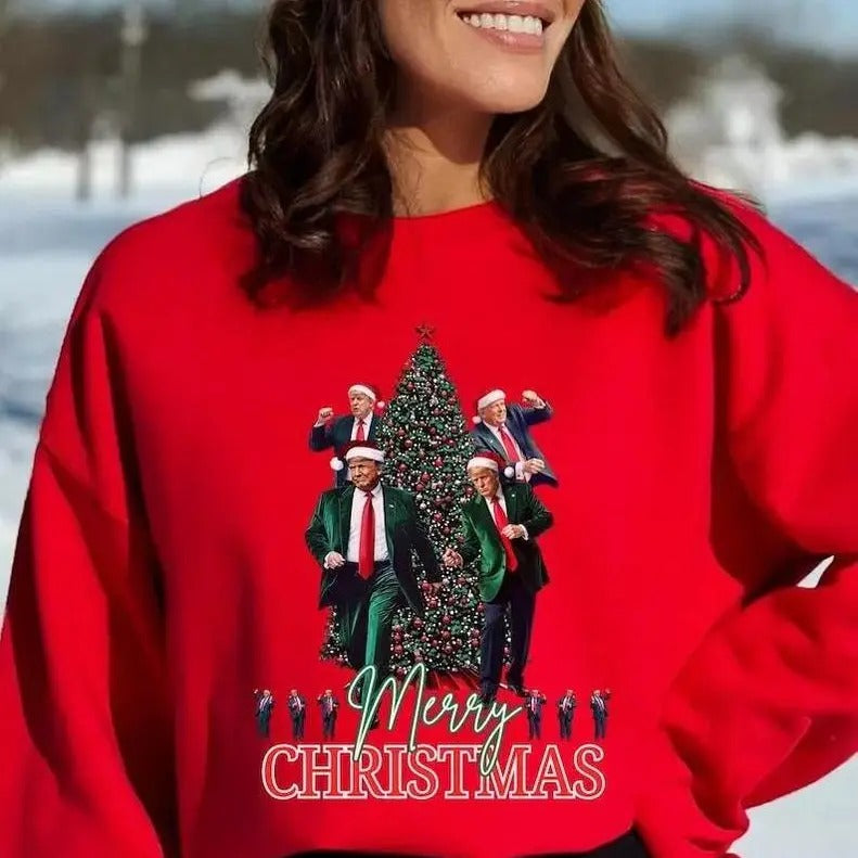 Funny Trummp President Dancing Merry Christmas Pine Tree Red Sweatshirt/hoodie/tshirt, Unisex Trendy | UrbanDripWear.com