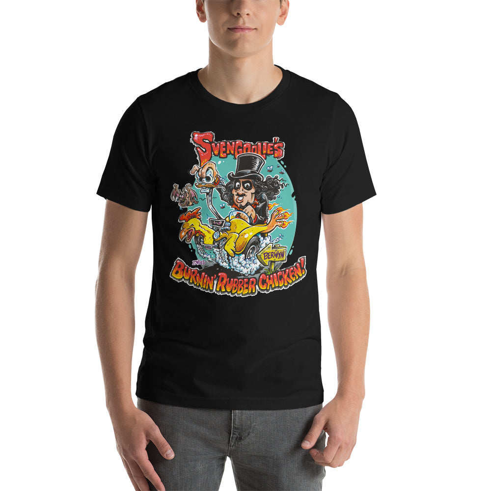 "Burnin' Rubber Chicken" SvengoolieÂ® T-Shirt by Jim Engel (2022 Series)