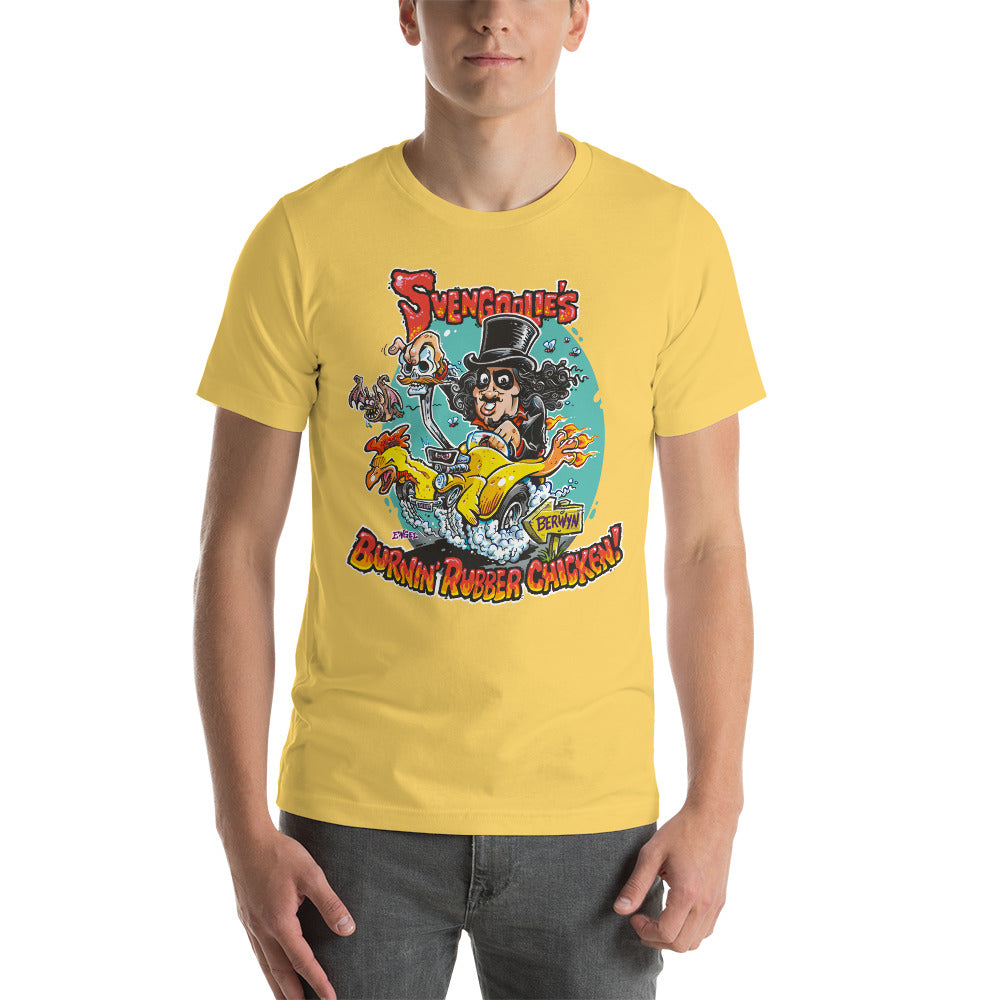 "Burnin' Rubber Chicken" SvengoolieÂ® T-Shirt by Jim Engel (2022 Series)