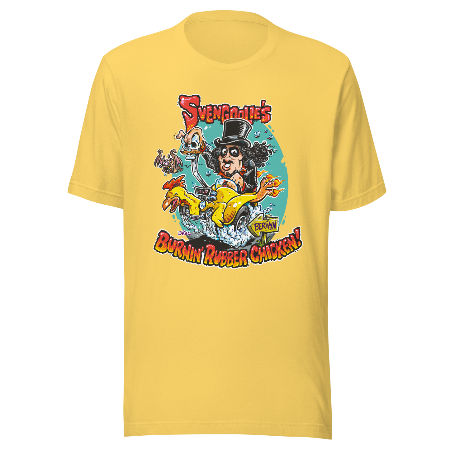 "Burnin' Rubber Chicken" SvengoolieÂ® T-Shirt by Jim Engel (2022 Series)