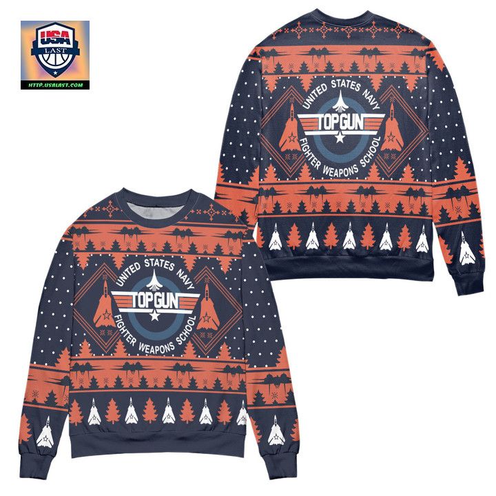 United States Navy Top Gun Pine Tree Pattern Ugly Christmas Sweater Orange Navy