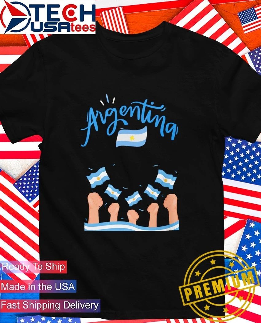 Argentina fan raised fists holding flag shirt