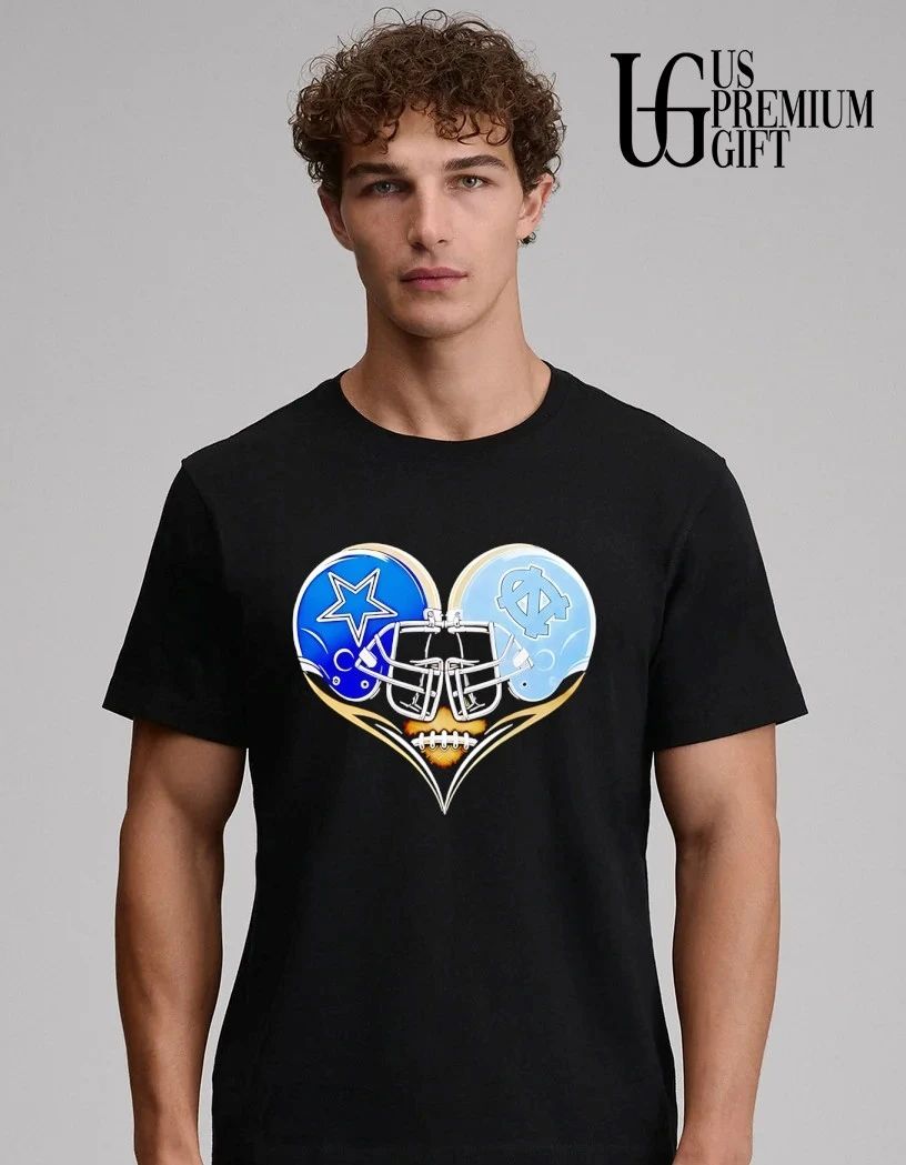 Dallas Cowboys and North Carolina Tar Heels football heart to head helmets shirt