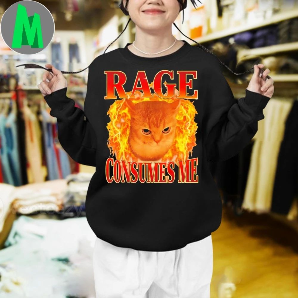 Rage Consumes Me Funny Angry Cat Meme Fire 2025 T-Shirt