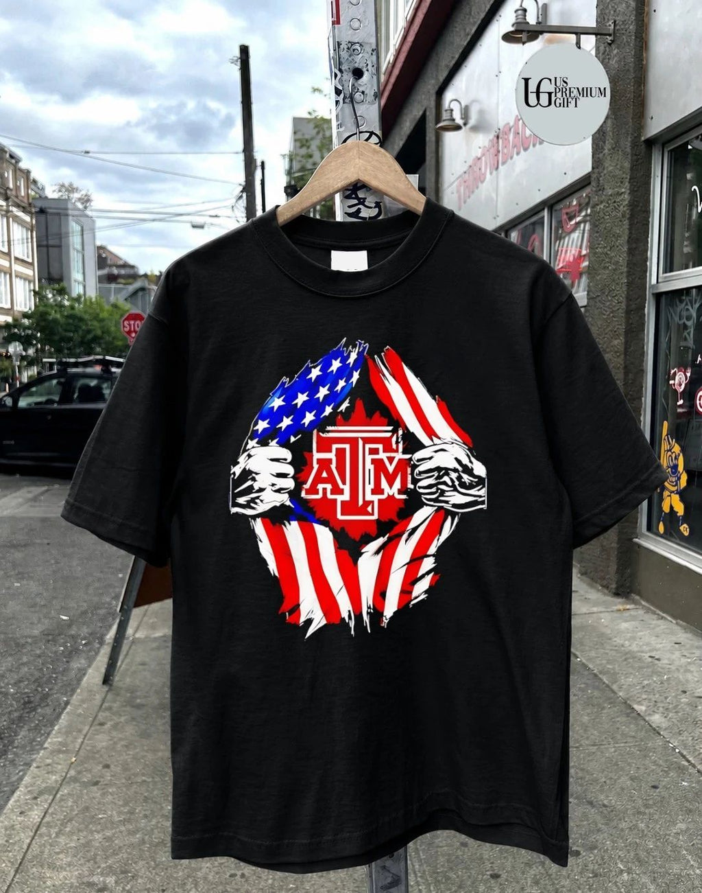 Texas A&M University inside me American flag logo shirt
