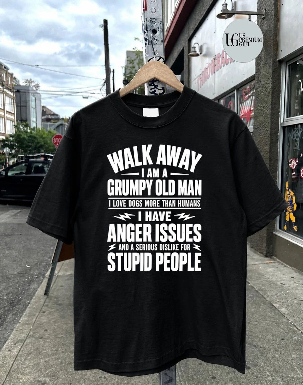 Walk away I am a grumpy old man love dogs anger issues stupid people white typography lightning accents shirt