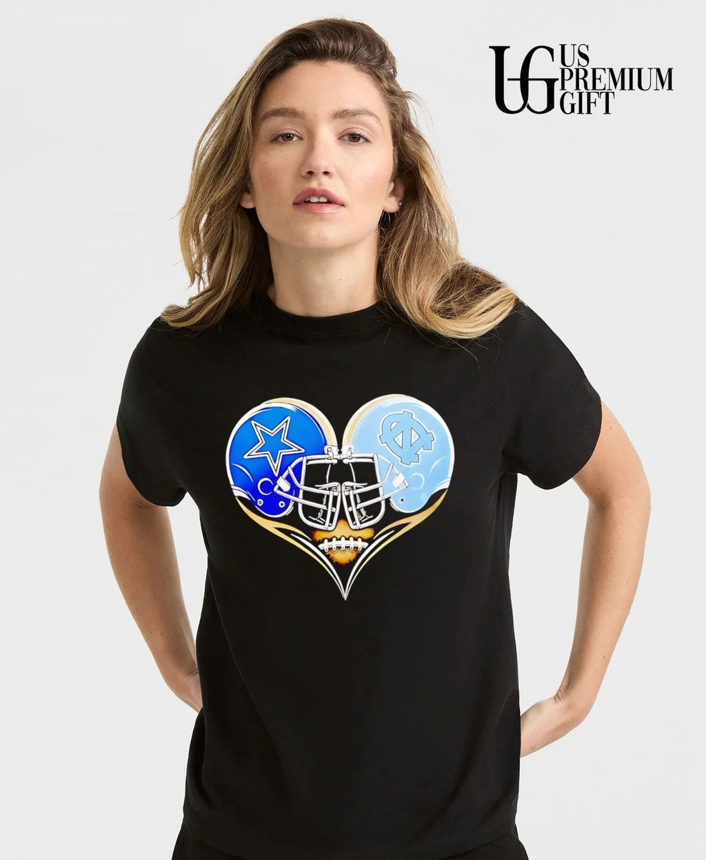 Dallas Cowboys and North Carolina Tar Heels football heart to head helmets shirt