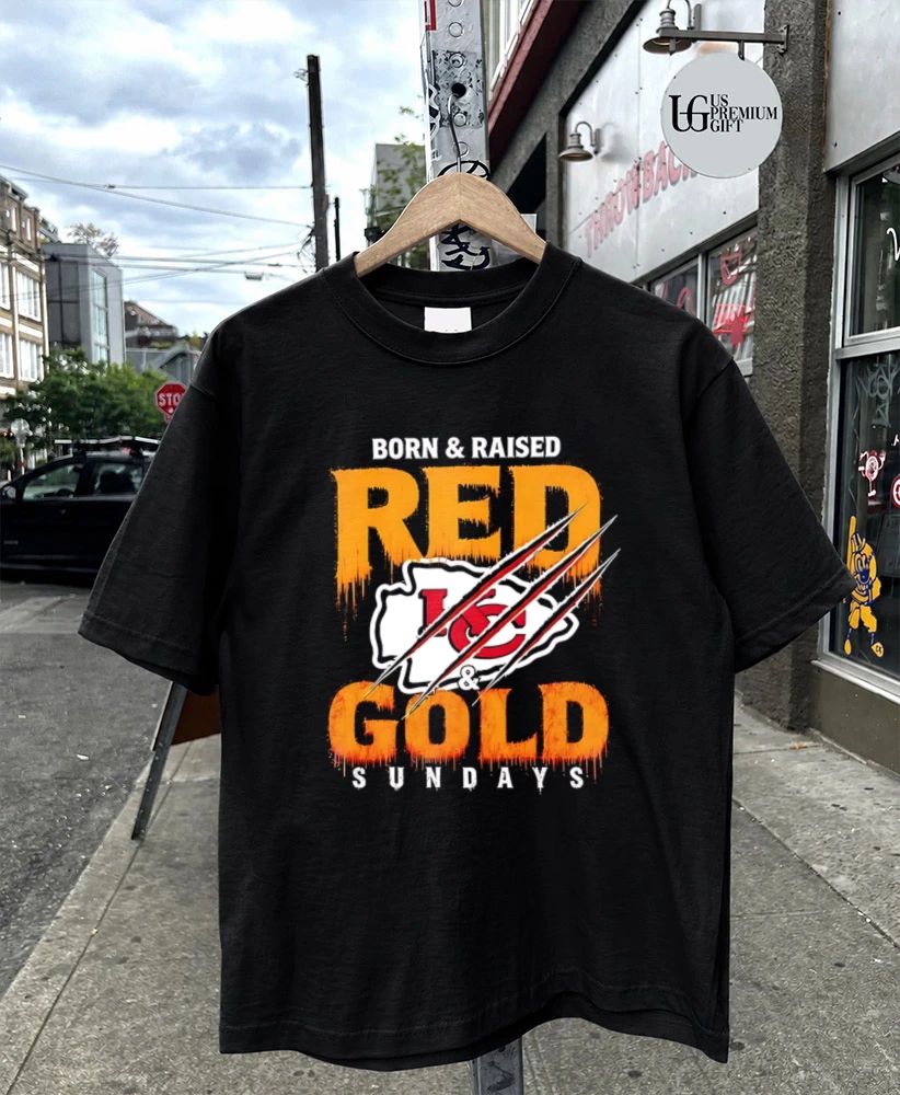 Born and Raised Red and Pewter Sundays Kansas City Chiefs flag logo T-shirt