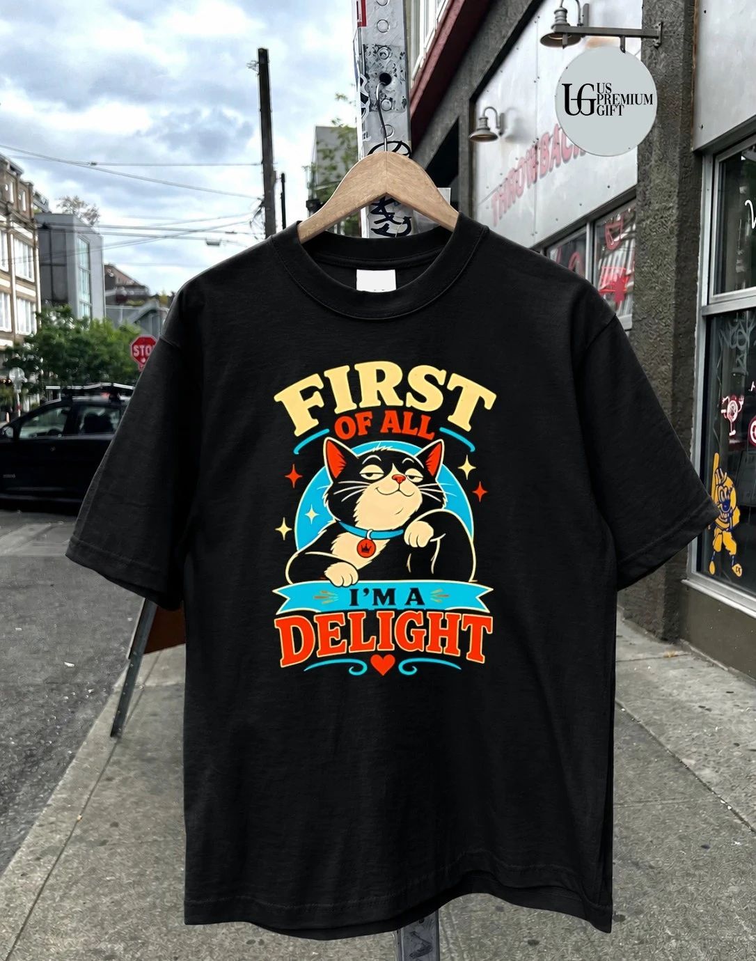 Cat first of all i’m a delight distressed shirt