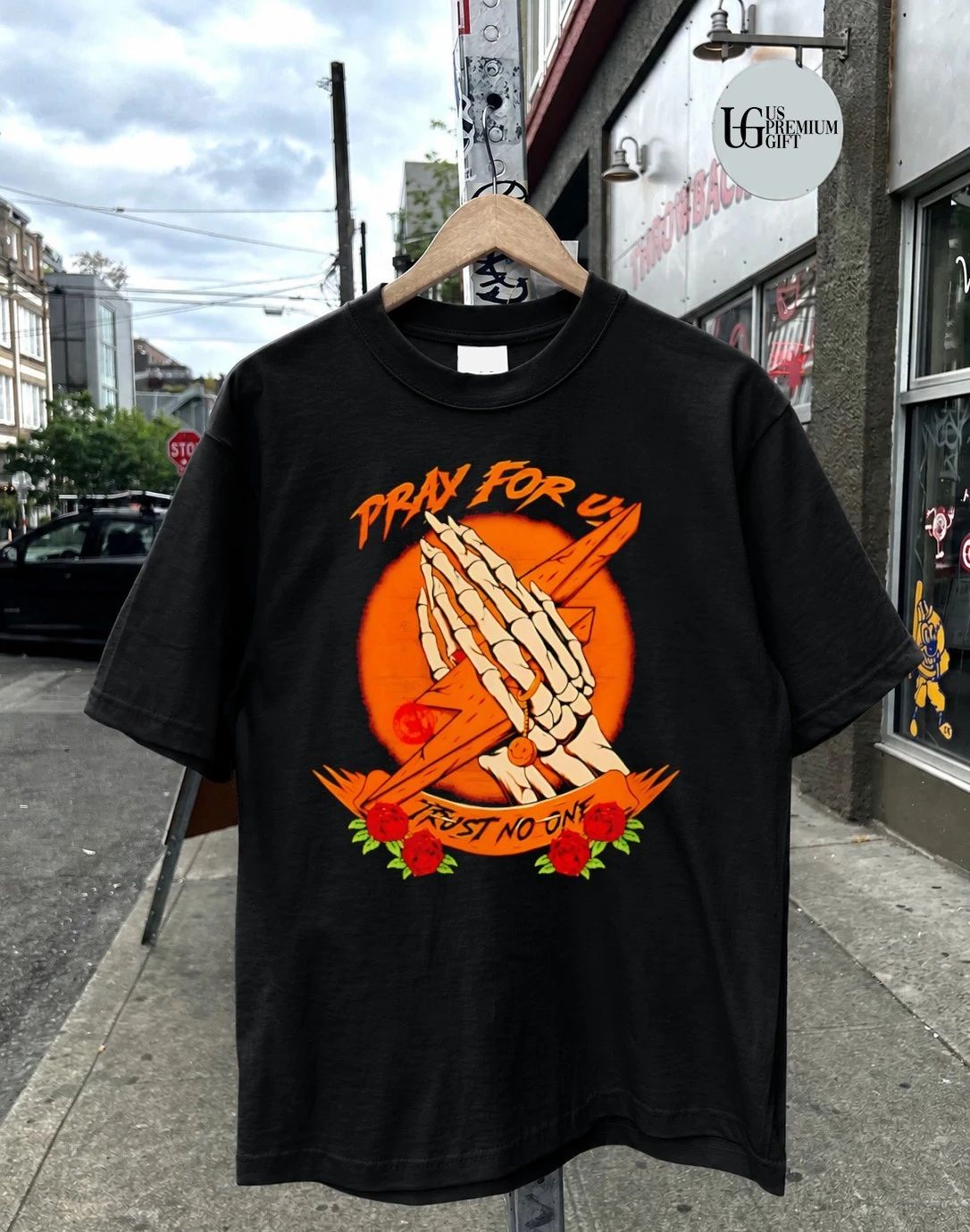 Pray for us trust no one skeleton hands lightning bolt rose shirt