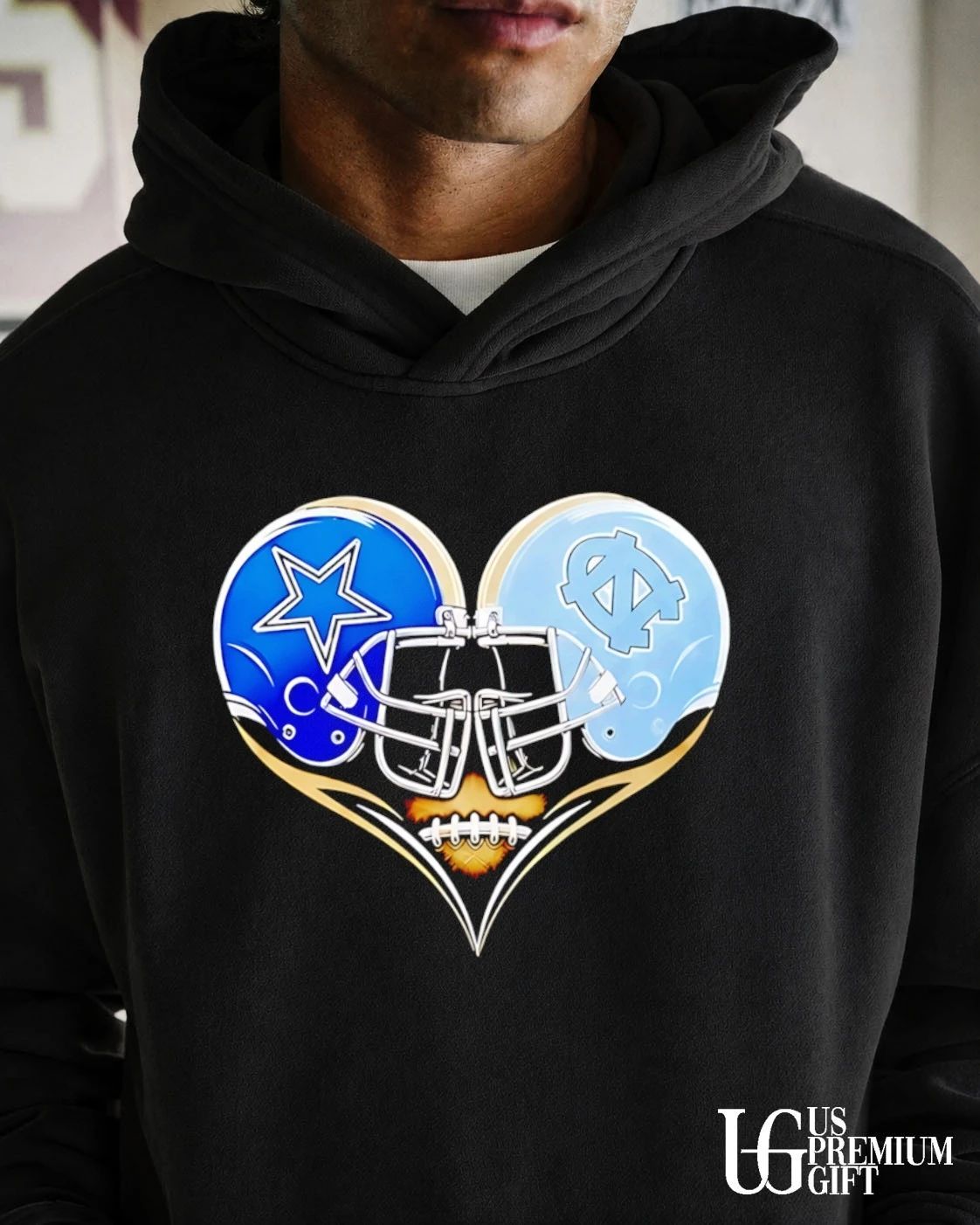 Dallas Cowboys and North Carolina Tar Heels football heart to head helmets shirt