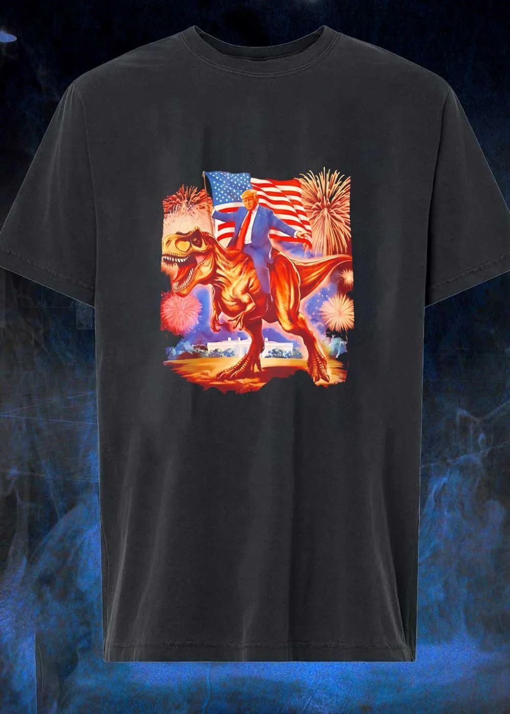 Donald Trump Riding a T-Rex American Flag Fireworks White House shirt