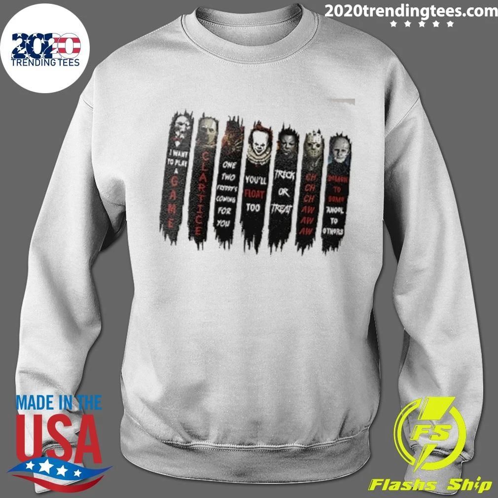 I Want To Play A Game Clarice You’ll Float Too Trick Or Treat Seven Horror Movie Villains Banners Shirt